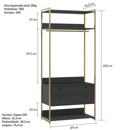 Imagem de Guarda-Roupa Closet Industrial Olivar com Cabideiro 2 Gavetas 89cm - Preto