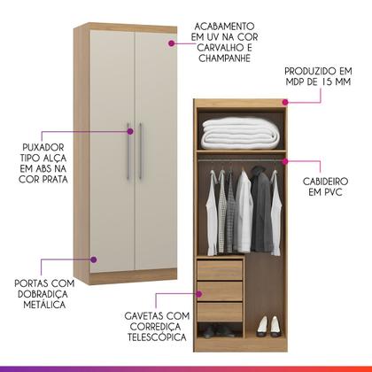 Imagem de Guarda Roupa com 2 Portas 1 Cabideiro 80x218cm Carvalho