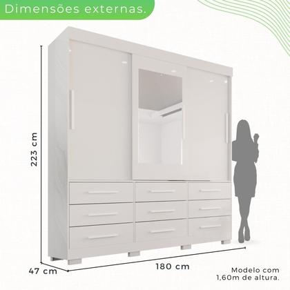 Imagem de Guarda-roupa com Pés e Espelho Casal 3 Portas 9 Gavetas Luana