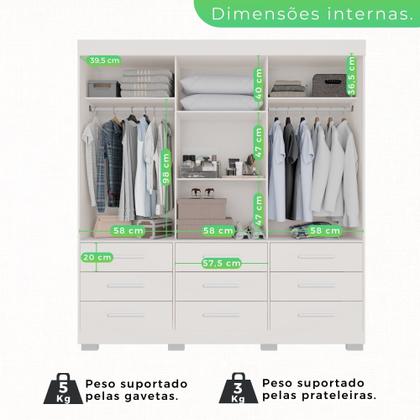 Imagem de Guarda-roupa com Pés e Espelho Casal 3 Portas 9 Gavetas Luana
