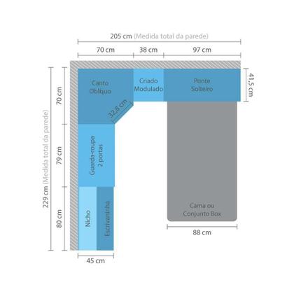 Imagem de Guarda Roupa De Canto Solteiro 1 Gaveta C/ Cabeceira E Escri