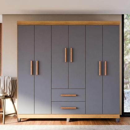 Imagem de Guarda Roupa De Casal Lite 6 Portas Para Quarto Grande Com Cabideiro E Prateleiras Cinza Nature