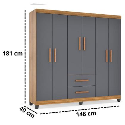 Imagem de Guarda Roupa De Casal Lite 6 Portas Para Quarto Grande Com Cabideiro E Prateleiras Cinza Nature
