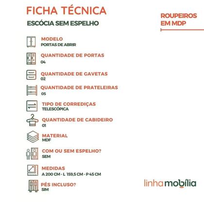 Imagem de Guarda-Roupa De Solteiro Escócia 4 Portas com cama auxiliar 100% MDF Linhamobília