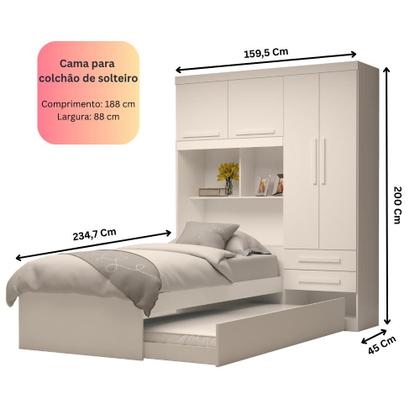 Imagem de Guarda-Roupa De Solteiro Escócia 4 Portas com cama auxiliar 100% MDF Linhamobília