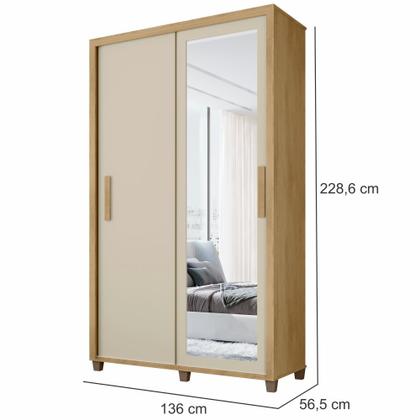 Imagem de Guarda Roupa de Solteiro RV Móveis Suécia 2 portas de correr 2 gavetas e largura de 136 cm com espelho e pés Cinamomo OFF White