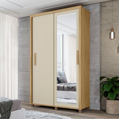 Imagem de Guarda Roupa de Solteiro RV Móveis Suécia 2 portas de correr 2 gavetas e largura de 136 cm com espelho e pés Cinamomo OFF White