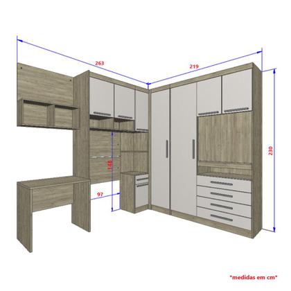 Imagem de Guarda Roupa Dormitório Modulado Master Solteiro Canto c/ Painel p/ TV Mesa Escrivaninha c/ Nicho - Roupeiro Luciane M04