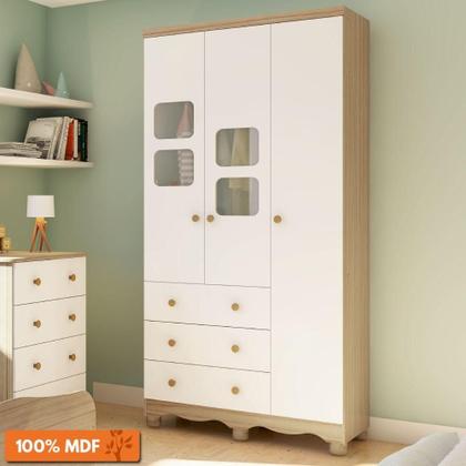 Imagem de Guarda Roupa Infantil 3 Portas com Janelas 3 Gavetas 100% MDF Uli New Móveis Peroba