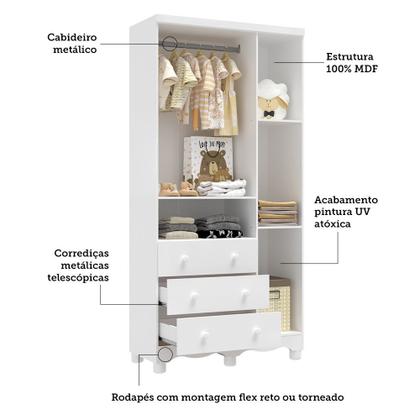 Imagem de Guarda Roupa Infantil 3 Portas e 3 Gavetas 100% MDF Mimo