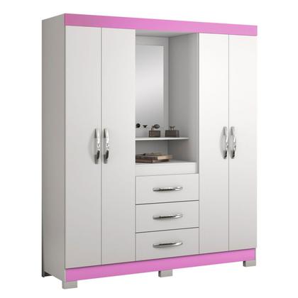 Imagem de Guarda-Roupa Infantil 4 Portas 3 Gavetas Essen com Espelho Flex Rosa/Branco - Pnr Móveis