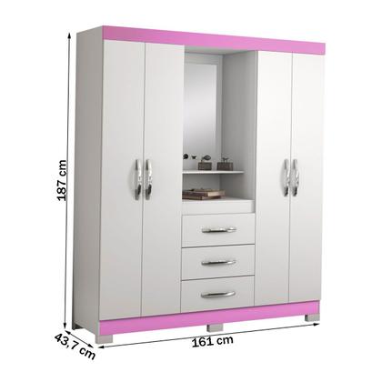 Imagem de Guarda-Roupa Infantil 4 Portas 3 Gavetas Essen com Espelho Flex Rosa/Branco - Pnr Móveis