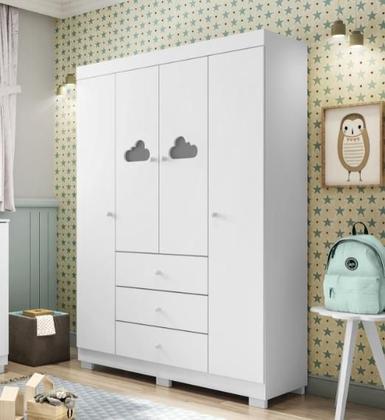 Imagem de Guarda Roupa Infantil 4 Portas 3 Gavetas Roupeiro Ane Bebê Detalhe Nuvem Branco - Phoenix Baby