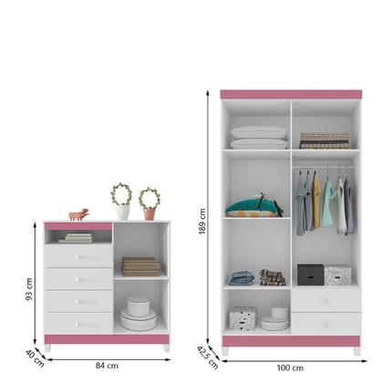 Imagem de Guarda Roupa Infantil 4 Portas Branco Flex Com Cômoda Sapateira 1 Porta 4 Gavetas Aquarela Branco Clique Chique