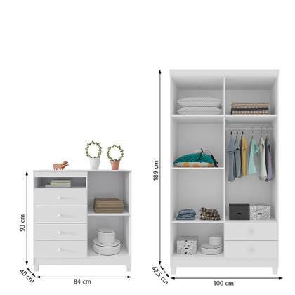 Imagem de Guarda Roupa Infantil 4 Portas Branco Flex Com Cômoda Sapateira 1 Porta 4 Gavetas Aquarela Branco Clique Chique