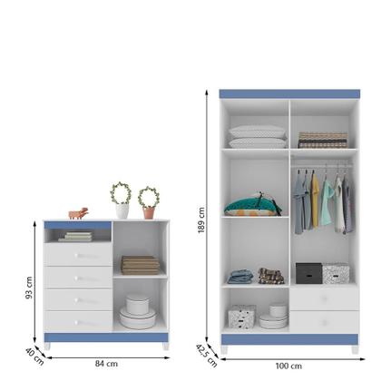 Imagem de Guarda Roupa Infantil 4 Portas Branco Flex Com Cômoda Sapateira 1 Porta 4 Gavetas Aquarela Branco Clique Chique