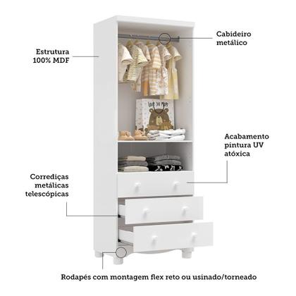 Imagem de Guarda-roupa Infantil 61,7cm 2 Portas 3 Gavetas com Janelas e Pés Ezra 100% Mdf Espresso Móveis