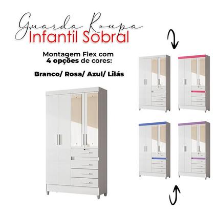 Imagem de Guarda Roupa Infantil Ambiente Sobral 4 Portas Branco Flex com Espelho - Moval