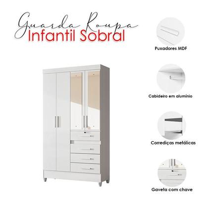 Imagem de Guarda Roupa Infantil Ambiente Sobral 4 Portas Branco Flex com Espelho - Moval