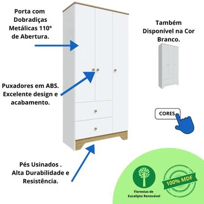 Imagem de Guarda Roupa Infantil Bebê 3 Portas Lisa 2 Gavetas 100% MDF Branco Carvalho Zaky Retrô Móveis Peroba