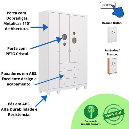 Imagem de Guarda Roupa Infantil Bolinha 4 Portas 3 Gavetas Faura