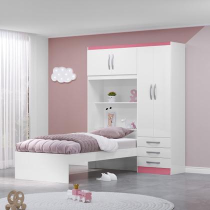 Imagem de Guarda Roupa Infantil com Cama 4 Portas 3 Gavetas Lisboa Espresso Móveis Branco/Pink