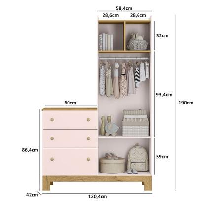 Imagem de Guarda Roupa Infantil com Cômoda 2 Portas 3 Gavetas Flora 4970 Rosa Qmovi