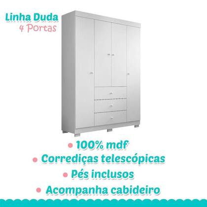 Imagem de Guarda Roupa Infantil Duda 4 Portas Branco Brilho  Phoenix Baby