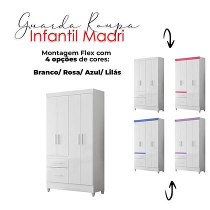 Imagem de Guarda Roupa Infantil Madri com Cômoda Vênus e Armário Multiuso New Íris Branco Brilho  Moval