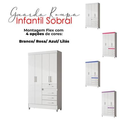 Imagem de Guarda Roupa Infantil Sobral com Cômoda MS913 e Armário Multiuso Jade Branco Brilho  Moval