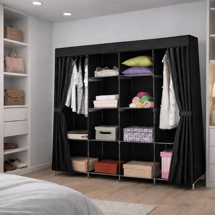 Imagem de Guarda Roupa Organizador Gigante 12 Prateleira Cabideiro Portatil Quarto Praia Desmontavel Preto