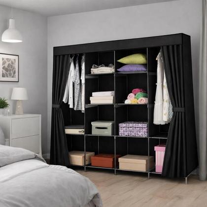 Imagem de Guarda Roupa Organizador Gigante 12 Prateleira Cabideiro Portatil Quarto Praia Desmontavel Preto