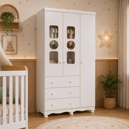 Imagem de Guarda Roupa Peroba Tedy 3 Portas e 3 Gavetas MDF Cor Branco