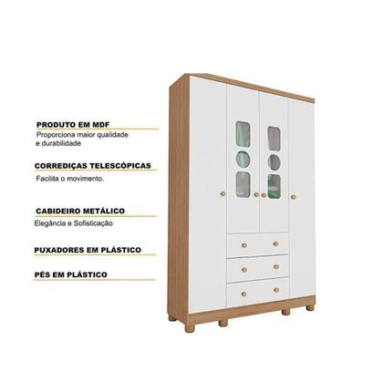 Imagem de Guarda Roupa Peroba Tedy 4 Portas e 3 Gavetas Branco C Amêndoa