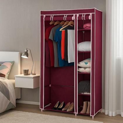 Imagem de Guarda roupa portatil duplo cabideiro arara 4 prateleiras sapateira organizador desmontavel viagem praia vermelho