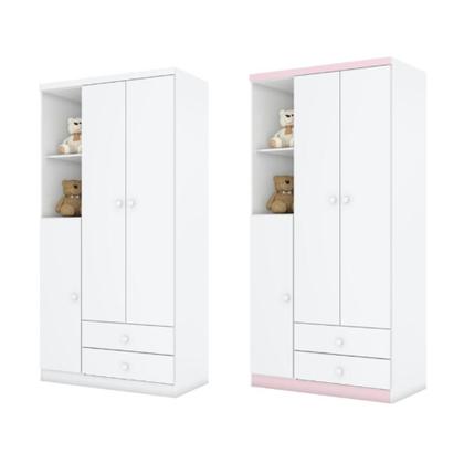 Imagem de Guarda Roupa Roupeiro Quarto Infantil 3 Portas 3 Prateleiras 2 Nichos MDF Branco Rosa Bebê Flex