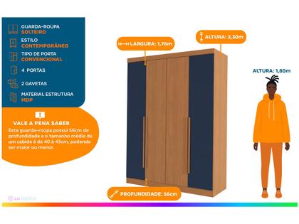 Imagem de Guarda-roupa Solteiro 2 Gavetas 4 Portas Kappesberg Roma