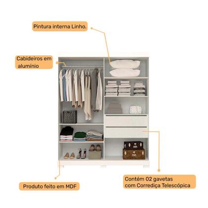 Imagem de Guarda Roupa Solteiro 2 Portas de Correr Helena Prime ACP MÓVEIS Branco - 100% MDF