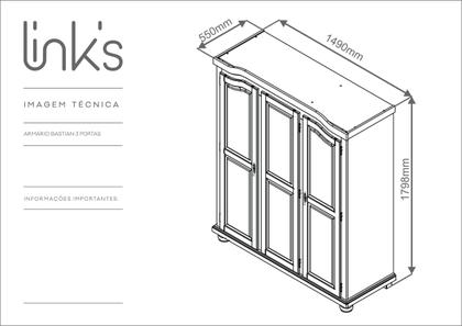 Imagem de Guarda-Roupa Solteiro 3 Portas 4 Prateleiras Madeira Maciça Provençal Bastian