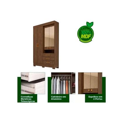 Imagem de Guarda Roupa Solteiro 4 Portas (2 c/ Espelho) e 3 Gavetas Débora Cinamomo - ACP