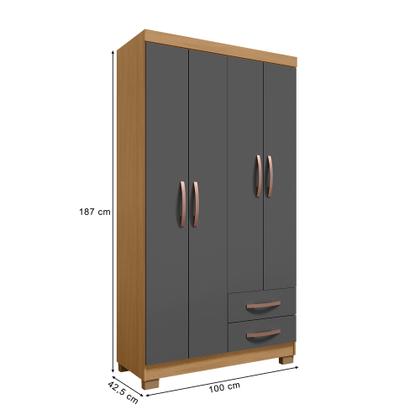 Imagem de Guarda Roupa Solteiro 4 Portas 2 Gavetas com Cômoda Sapateira 1 Porta 4 Gavetas Modena Carvalho Grafite - Combo Stock