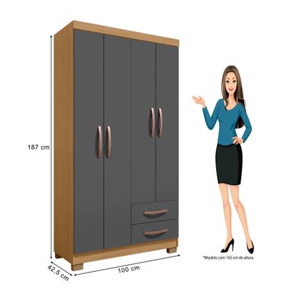 Imagem de Guarda Roupa Solteiro 4 Portas 2 Gavetas com Cômoda Sapateira 1 Porta 4 Gavetas Modena Carvalho Grafite - Combo Stock