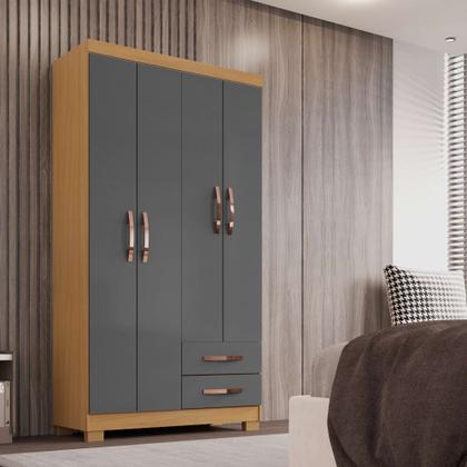 Imagem de Guarda Roupa Solteiro 4 Portas 2 Gavetas com Cômoda Sapateira 1 Porta 4 Gavetas Modena Carvalho Grafite - Combo Stock