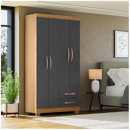 Imagem de Guarda Roupa Solteiro 4 Portas 2 Gavetas Porto Belo Com Cômoda Sapateira 4 Gavetas 1 Porta Carvalho Grafite Clique Chique