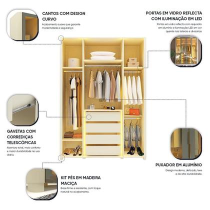 Imagem de Guarda-roupa Solteiro 4 Portas Reflecta com Pés e Led 100% Mdf Innova