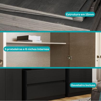 Imagem de Guarda Roupa Solteiro 6 Portas 2 Gavetas Porto Carraro Preto