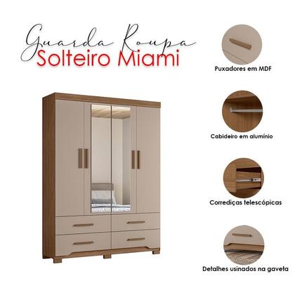 Imagem de Guarda Roupa Solteiro Ambiente Miami 4 Portas Carvalho Fendi com Espelho - Moval