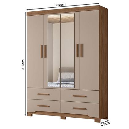 Imagem de Guarda Roupa Solteiro Ambiente Miami 4 Portas Carvalho Fendi com Espelho - Moval