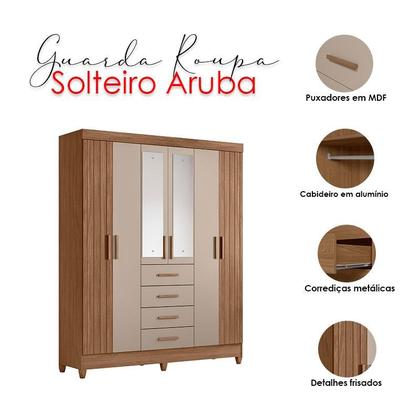 Imagem de Guarda Roupa Solteiro Aruba com espelho e Cômoda Georgia Carvalho Fendi  Moval