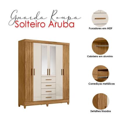 Imagem de Guarda Roupa Solteiro Aruba com Espelho e Cômoda Vênus Freijó Off White  Moval